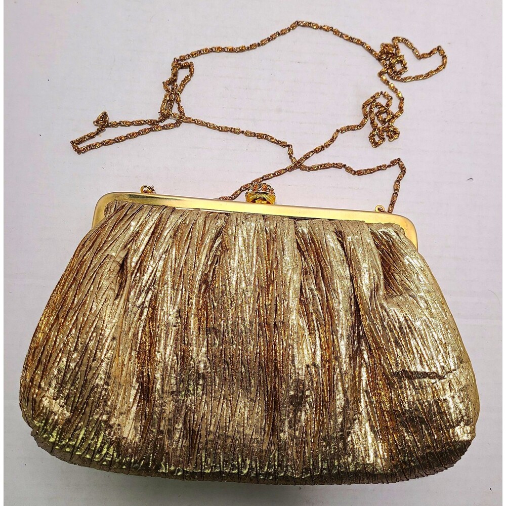 Vintage 80s Gold Metallic Pleated Convertible Clutch Shoulder Bag Chain Strap